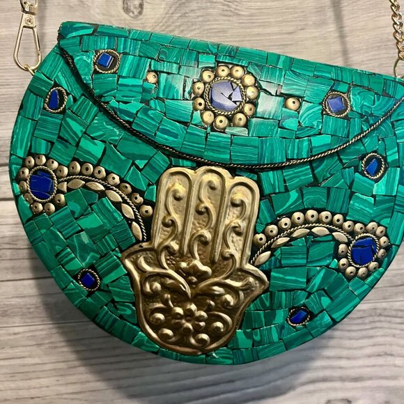 🎄NWOT, RAMLA Clutch Moroccan Purse Mosaic turquoise green Hamsa Hand. Boho Chic - Picture 2 of 15